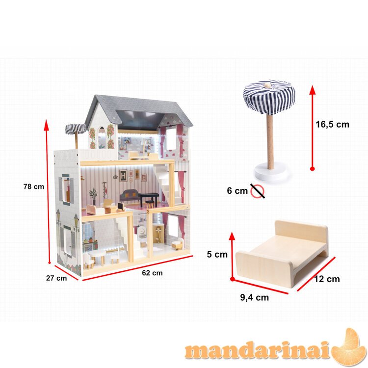 Lėlių namelis medinis MDF + baldai, 78 cm