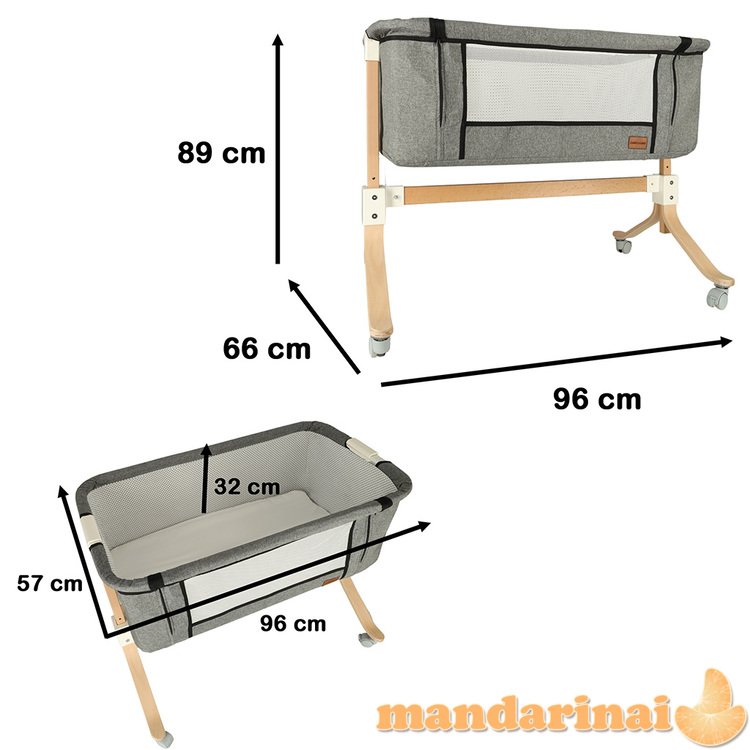 Kūdikių lopšys kūdikių medinis lopšys ant ratukų, pilkas