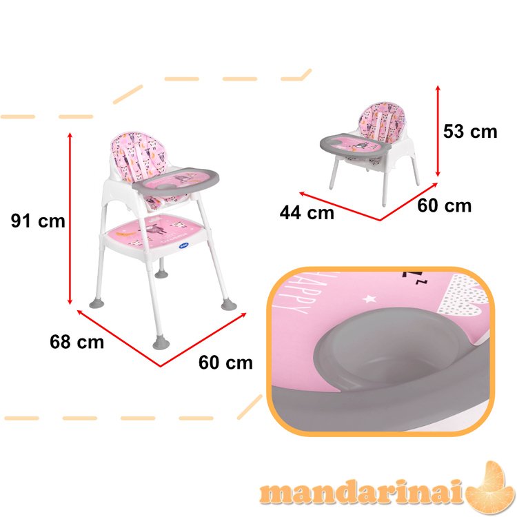 Maitinimo kėdė taburetė stalo kėdė 3 viename rožinė